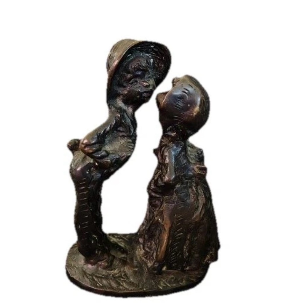 Vintage Cast Bronze Statue Fairy Winged Girl Kissing Boy Whimsygoth Fairycore